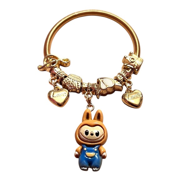 Stretchy Tan Labubu Love Heart Crown Note Gold Child’s Charm Bracelet - Picture 2 of 2